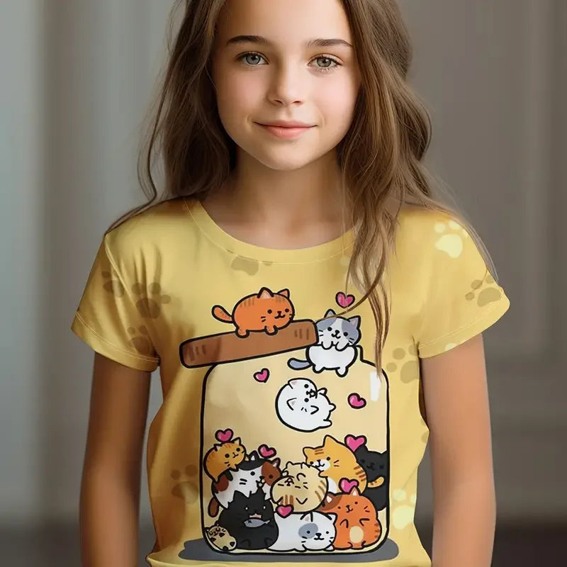 Kids Clothes Children's T-Shirt Girl Short Sleeve Top Cartoon Cat Kawaii Girls Summer Clothes Child T-Shirt  Children's Clothing