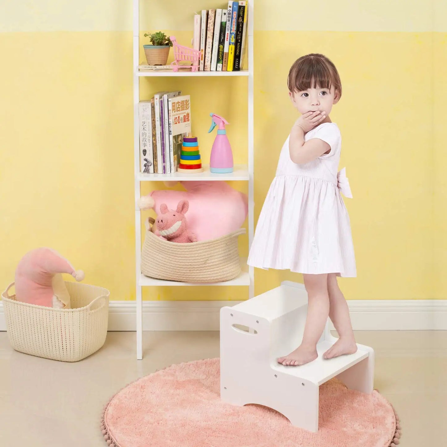 Wood City Wooden Toddler Step Stool For Kids, White Two Step Children'S Potty Stool With Handles, Bonus Non-Slip Pads For