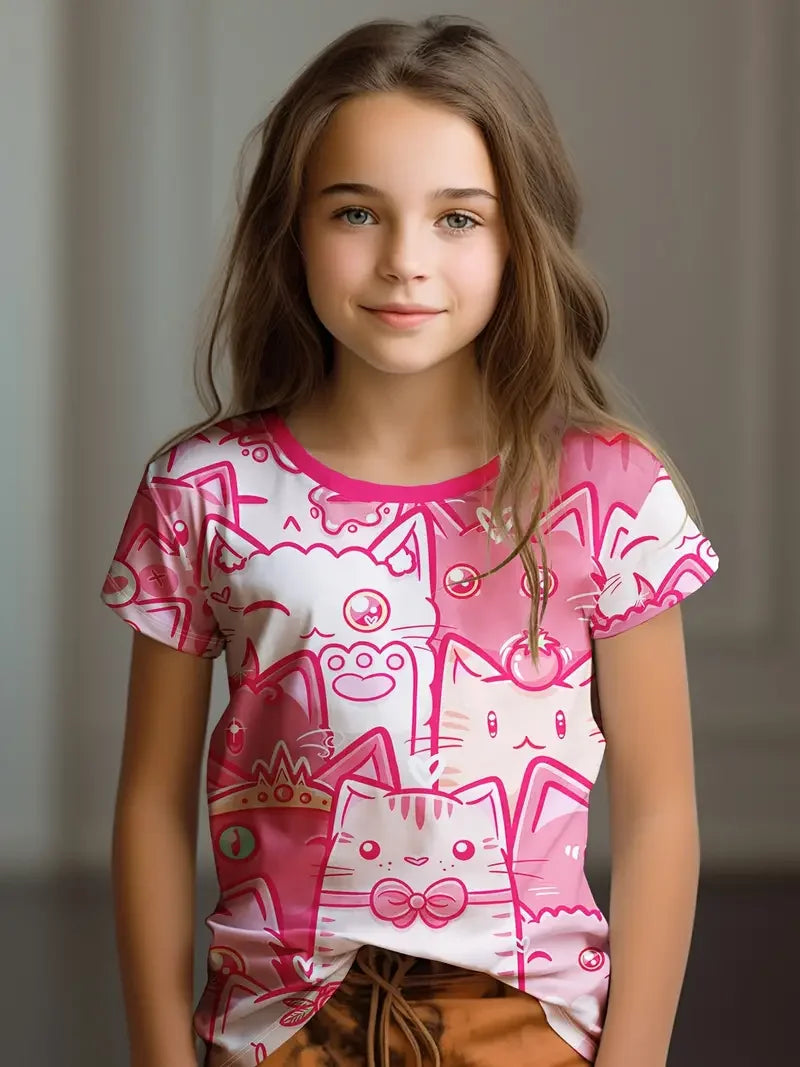 Kids Clothes Children's T-Shirt Girl Short Sleeve Top Cartoon Cat Kawaii Girls Summer Clothes Child T-Shirt  Children's Clothing